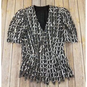 PARTIQUE NEW YORK Sequins Cardigan Women Size 6 Black Vintage Short Sleeve B4